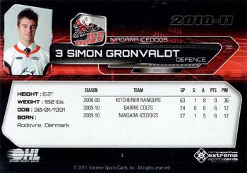 2010-11 Extreme Niagara IceDogs OHL #4 Simon Gronvaldt Back