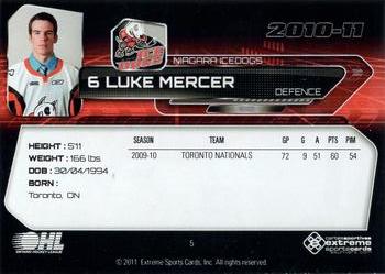 2010-11 Extreme Niagara IceDogs OHL #5 Luke Mercer Back