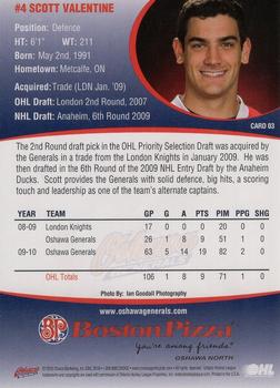 2010-11 Denny's Oshawa Generals (OHL) #3 Scott Valentine Back
