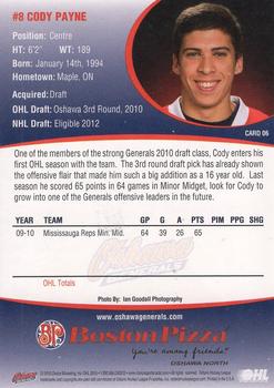 2010-11 Denny's Oshawa Generals (OHL) #6 Cody Payne Back