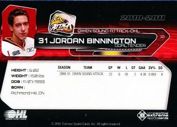 2010-11 Extreme Owen Sound Attack OHL #1 Jordan Binnington Back