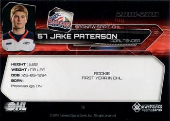 2010-11 Extreme Saginaw Spirit (OHL) #20 Jake Paterson Back