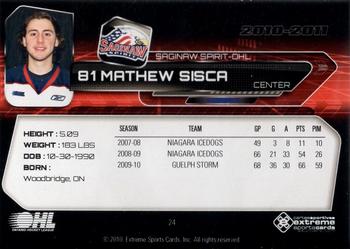 2010-11 Extreme Saginaw Spirit (OHL) #24 Matt Sisca Back