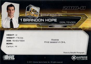 2010-11 Extreme Sarnia Sting (OHL) #1 Brandon Hope Back