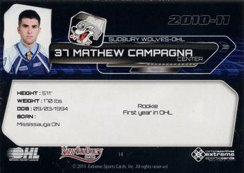 2010-11 Extreme Sudbury Wolves (OHL) #14 Mathew Campagna Back