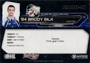 2010-11 Extreme Sudbury Wolves (OHL) #20 Brody Silk Back