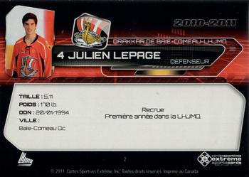 2010-11 Extreme Baie Comeau Drakkar (QMJHL) #2 Julien Lepage Back