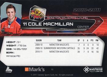 2010-11 Extreme Moncton Wildcats QMJHL #10 Cole MacMillan Back