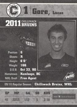 2010-11 Chilliwack Bruins (WHL) #25 Lucas Gore Back