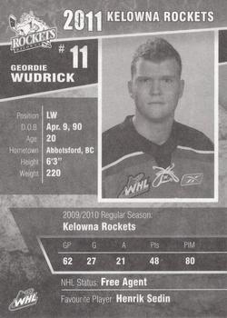 2010-11 Kelowna Rockets (WHL) #NNO Geordie Wudrick Back