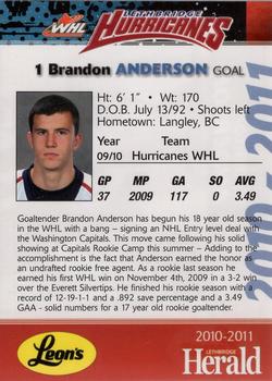 2010-11 Lethbridge Herald Lethbridge Hurricanes (WHL) #NNO Brandon Anderson Back