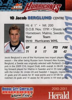 2010-11 Lethbridge Herald Lethbridge Hurricanes (WHL) #NNO Jacob Berglund Back