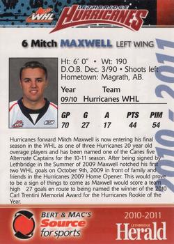 2010-11 Lethbridge Herald Lethbridge Hurricanes (WHL) #NNO Mitch Maxwell Back