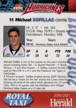 2010-11 Lethbridge Herald Lethbridge Hurricanes (WHL) #NNO Michael Sofillas Back