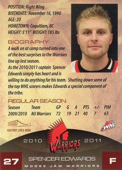 2010-11 Sobeys Moose Jaw Warriors (WHL) #5 Spencer Edwards Back