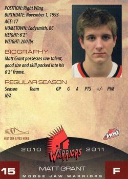 2010-11 Sobeys Moose Jaw Warriors (WHL) #8 Matt Grant Back