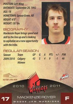 2010-11 Sobeys Moose Jaw Warriors (WHL) #20 MacKenzie Royer Back