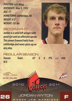 2010-11 Sobeys Moose Jaw Warriors (WHL) #22 Jordan Wyton Back