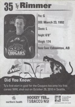 2010-11 Prince George Cougars (WHL) Tobacco Prevention #NNO Ty Rimmer Back