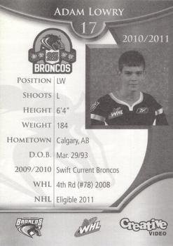2010-11 Swift Current Broncos (WHL) #NNO Adam Lowry Back