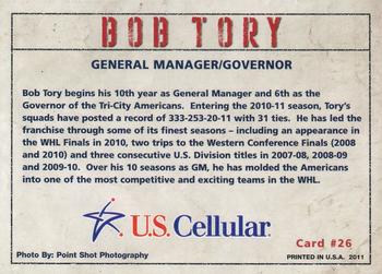 2010-11 U.S. Cellular Tri-City Americans (WHL) #1 Bob Tory Back