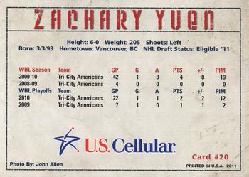 2010-11 U.S. Cellular Tri-City Americans (WHL) #9 Zach Yuen Back
