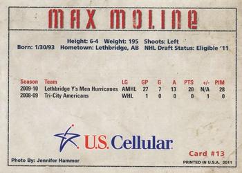2010-11 U.S. Cellular Tri-City Americans (WHL) #11 Max Moline Back