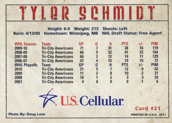2010-11 U.S. Cellular Tri-City Americans (WHL) #17 Tyler Schmidt Back
