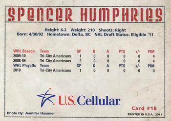 2010-11 U.S. Cellular Tri-City Americans (WHL) #23 Spencer Humphries Back
