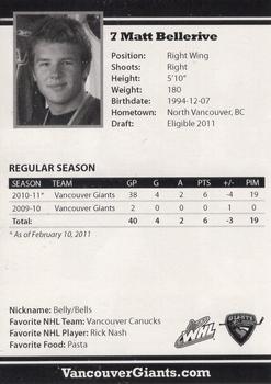 2010-11 Vancouver Giants (WHL) #NNO Matt Bellerive Back