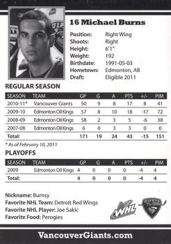 2010-11 Vancouver Giants (WHL) #NNO Michael Burns Back