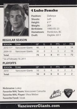 2010-11 Vancouver Giants (WHL) #NNO Luke Fenske Back