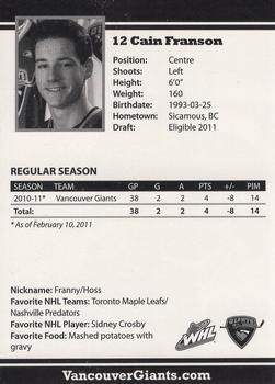 2010-11 Vancouver Giants (WHL) #NNO Cain Franson Back