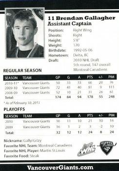 2010-11 Vancouver Giants (WHL) #NNO Brendan Gallagher Back