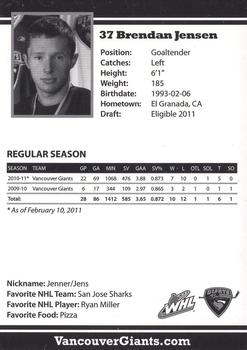 2010-11 Vancouver Giants (WHL) #NNO Brendan Jensen Back