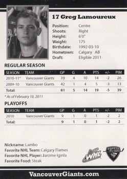2010-11 Vancouver Giants (WHL) #NNO Greg Lamoureux Back