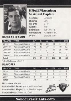 2010-11 Vancouver Giants (WHL) #NNO Neil Manning Back
