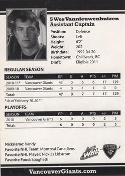 2010-11 Vancouver Giants (WHL) #NNO Wesley Vannieuwenhuizen Back