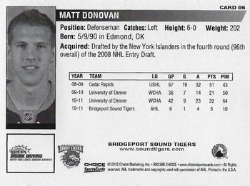 2011-12 Choice Bridgeport Sound Tigers (AHL) #6 Matt Donovan Back