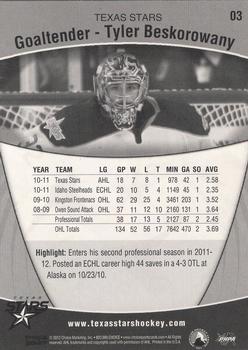 2011-12 Choice Texas Stars (AHL) #3 Tyler Beskorowany Back