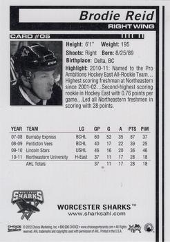 2011-12 Choice Worcester Sharks (AHL) #5 Brodie Reid Back