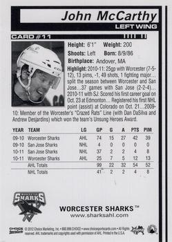 2011-12 Choice Worcester Sharks (AHL) #11 John McCarthy Back