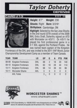 2011-12 Choice Worcester Sharks (AHL) #13 Taylor Doherty Back