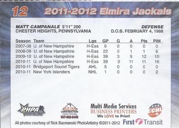 2011-12 Multi Media Services Elmira Jackals (ECHL) #8 Matt Campanale Back