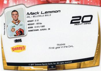 2011-12 Extreme Belleville Bulls (OHL) #13 Mack Lemmon Back
