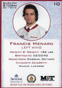 2011-12 M&T Printing Guelph Storm (OHL) #NNO Francis Menard Back