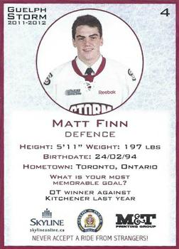 2011-12 M&T Printing Guelph Storm (OHL) #NNO Matt Finn Back