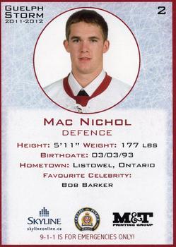 2011-12 M&T Printing Guelph Storm (OHL) #NNO Mac Nichol Back