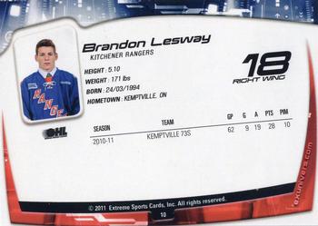 2011-12 Extreme Kitchener Rangers (OHL) #10 Brandon Lesway Back