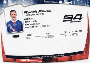 2011-12 Extreme Kitchener Rangers (OHL) #12 Radek Faksa Back